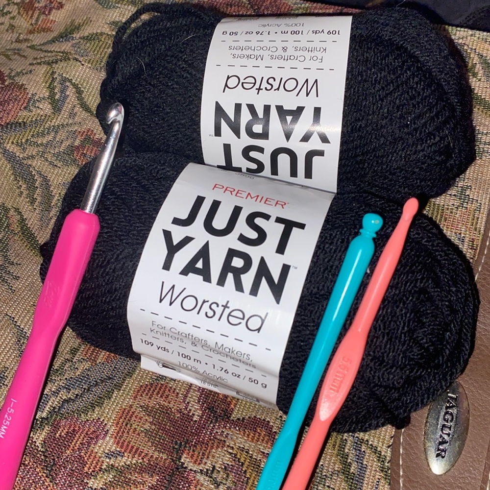 Black Yarn + Crochet hooks
